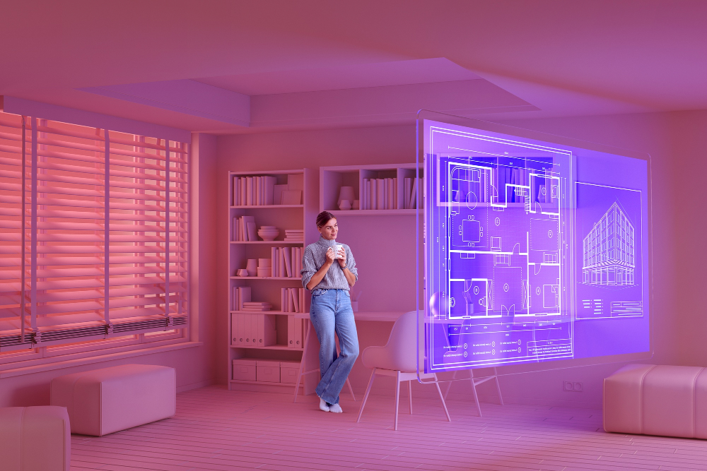 Zdjęcie kobiety korzystającej z projektowania wnętrz on-line i przeglądająca plan pomieszczenia w formie hologramu